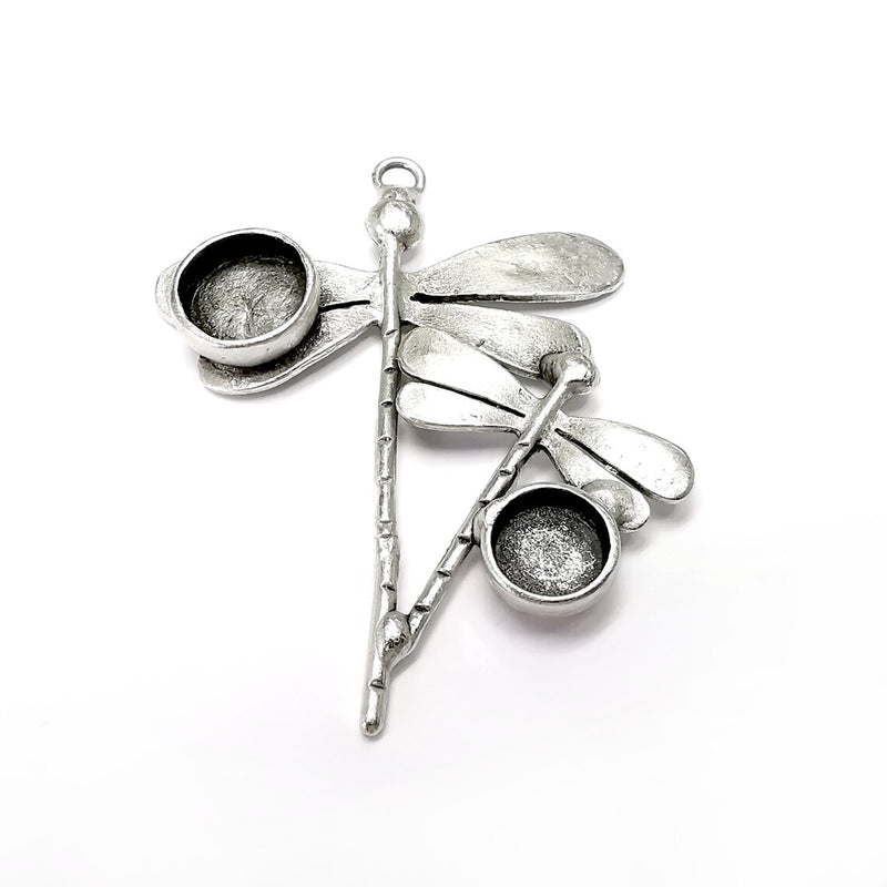 Dragonfly Charms, Pendant Blank Resin Bezel Mounting Cabochon Base Setting Antique Silver Plated Brass (10 and 8mm Blanks) G34497