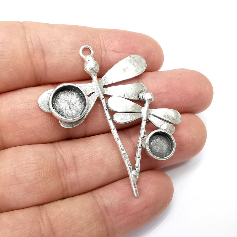 Dragonfly Charms, Pendant Blank Resin Bezel Mounting Cabochon Base Setting Antique Silver Plated Brass (10 and 8mm Blanks) G34497