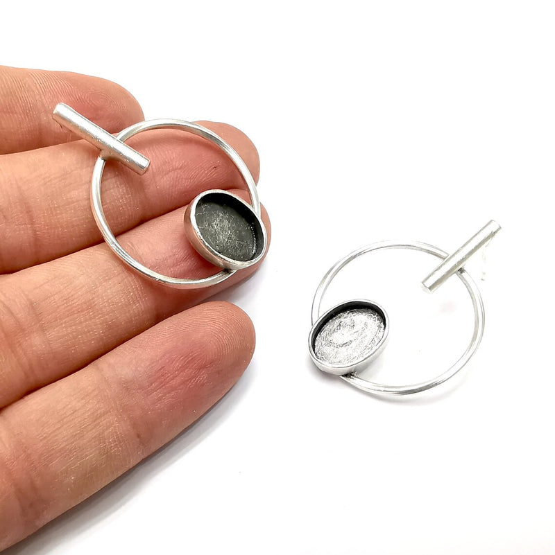 Hoop Rod Stick Round Silver Earring Set Base Wire Antique Silver Plated Brass Earring Base (40x30mm) (13x10mm blank) G34463