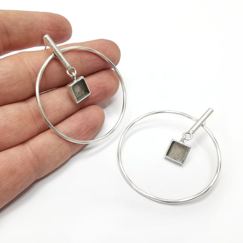 Hoop Rod Stick Square Silver Earring Set Base Wire Antique Silver Plated Brass Earring Base (8x8mm cabochon bezel) (58x50mm) G34468