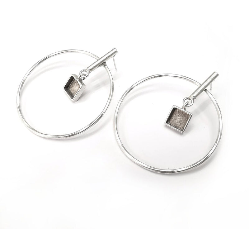 Hoop Rod Stick Square Silver Earring Set Base Wire Antique Silver Plated Brass Earring Base (8x8mm cabochon bezel) (58x50mm) G34468