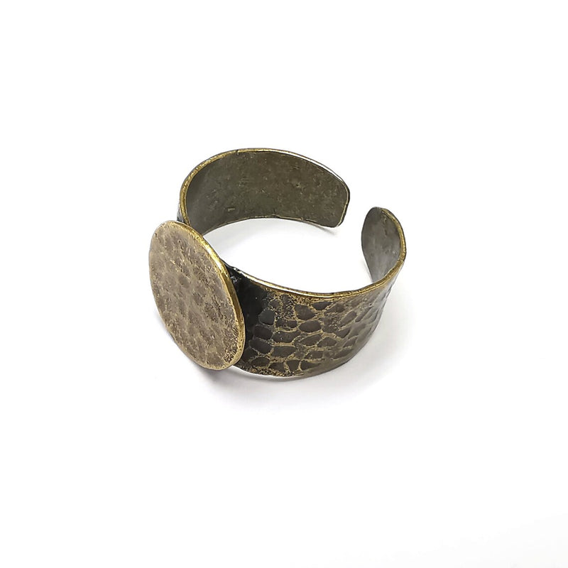 Hammered Ring Round Setting Resin Ring Blank Cabochon Mounting Adjustable Base Bezel Antique Bronze Plated Brass (16mm) G34486
