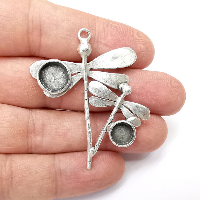 Dragonfly Charms, Pendant Blank Resin Bezel Mounting Cabochon Base Setting Antique Silver Plated Brass (10 and 8mm Blanks) G34497