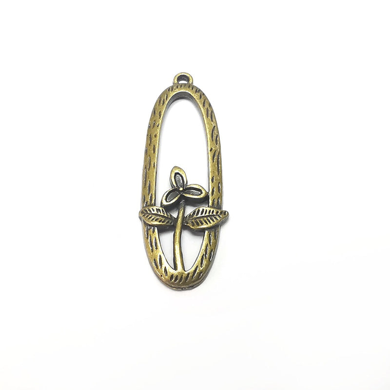 2 Flower Oval Charms, Antique Bronze Plated (41x14mm) G34512