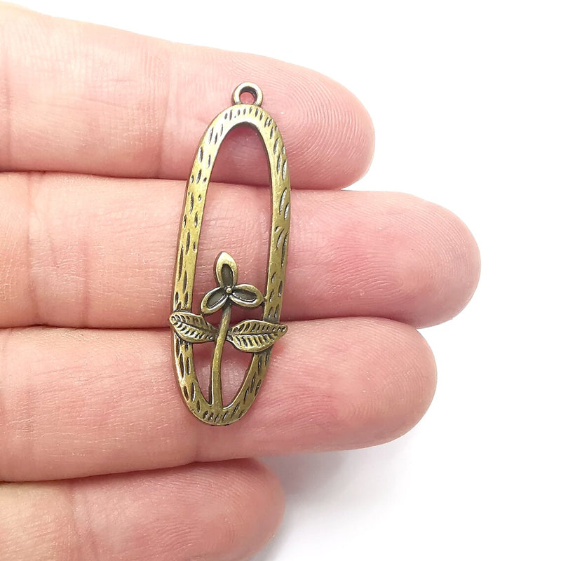 2 Flower Oval Charms, Antique Bronze Plated (41x14mm) G34512