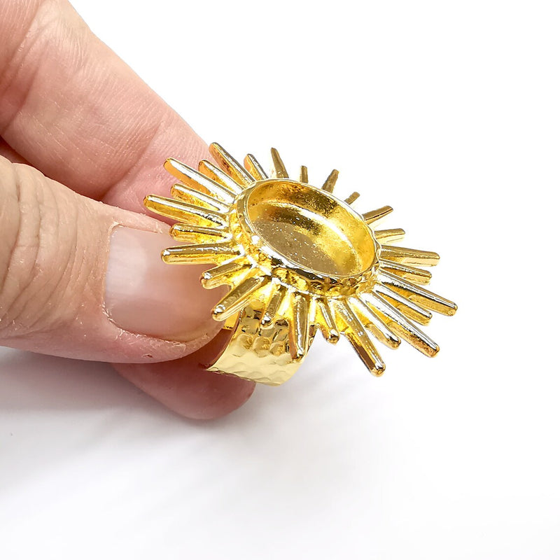 Sun Ring Blank Setting Textured Base Bezel inlay Ring Backs Glass Cabochon Mounting Adjustable Shiny Gold Plated (16mm bezel ) G22318