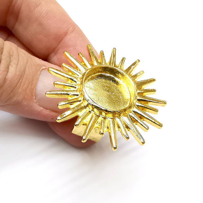 Sun Ring Blank Setting Textured Base Bezel inlay Ring Backs Glass Cabochon Mounting Adjustable Shiny Gold Plated (16mm bezel ) G22318