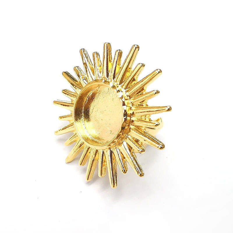 Sun Ring Blank Setting Textured Base Bezel inlay Ring Backs Glass Cabochon Mounting Adjustable Shiny Gold Plated (16mm bezel ) G22318