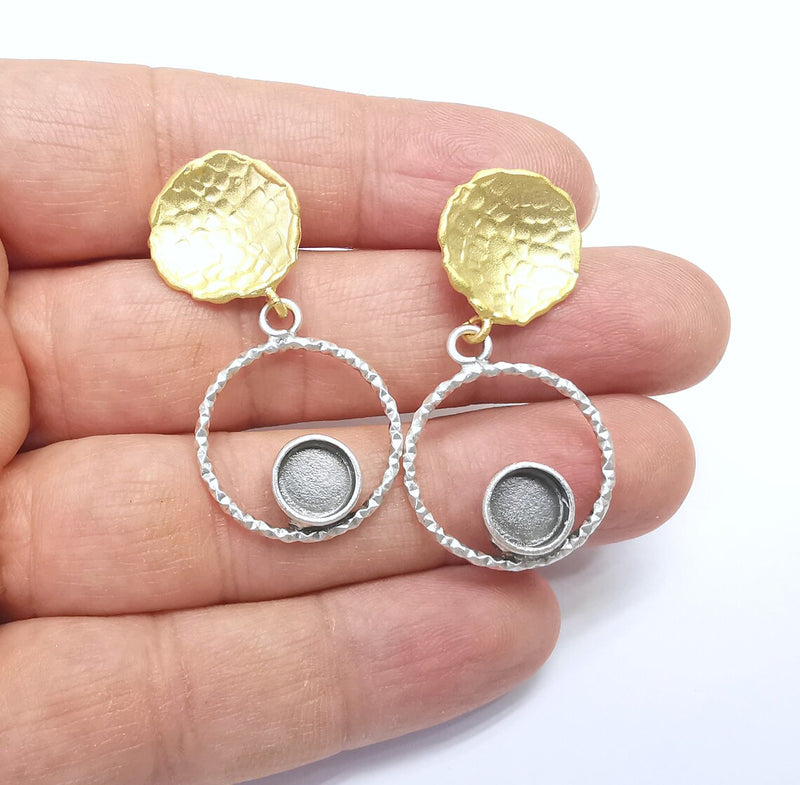Gold and Silver Round Earring Blank Base Antique Silver Plated Brass Earring Bezel (6mm cabochon bezel) (45x22mm) G34706