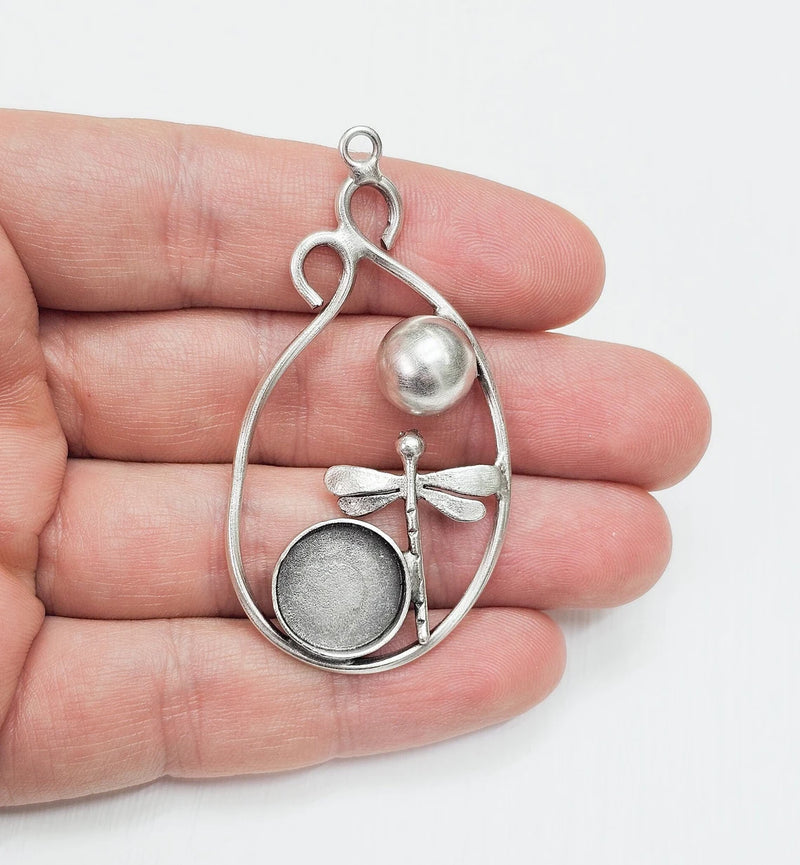 Dragonfly Ball Round Pendant Base Setting Bezel Blank Antique Silver Plated Brass Pendant (61mm) (14mm blank) G34628