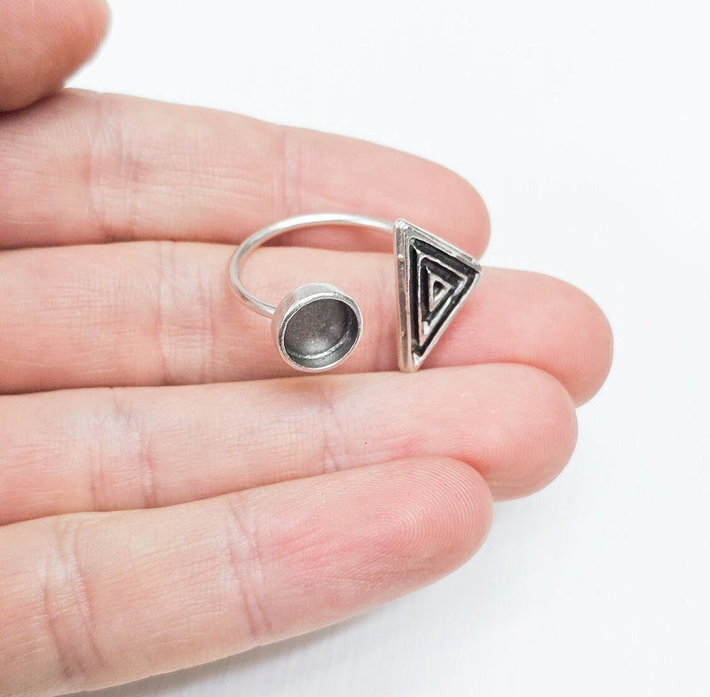 Triangle Ring Blank Settings, Cabochon Mounting, Adjustable Antique Silver Resin Ring Base Bezel, Inlay Mosaic Cabochon (8mm) G34633