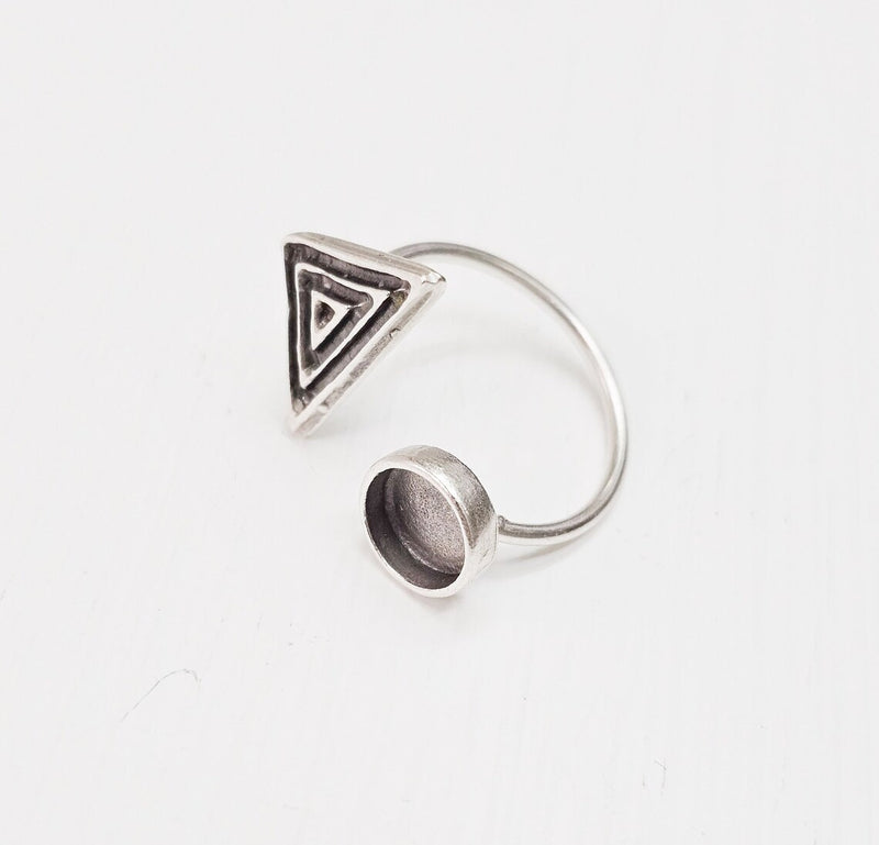 Triangle Ring Blank Settings, Cabochon Mounting, Adjustable Antique Silver Resin Ring Base Bezel, Inlay Mosaic Cabochon (8mm) G34633