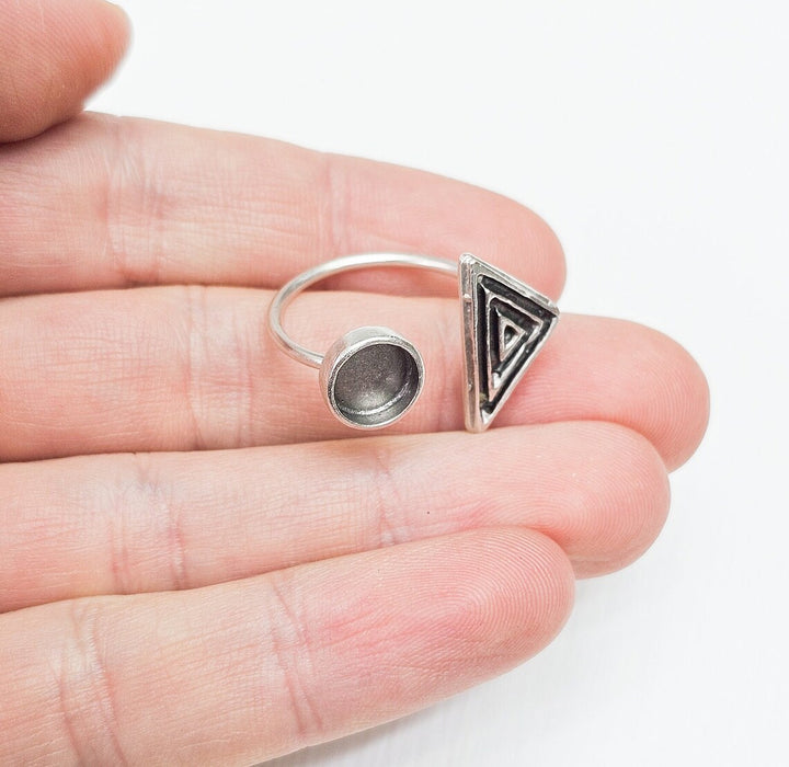 Triangle Ring Blank Settings, Cabochon Mounting, Adjustable Antique Silver Resin Ring Base Bezel, Inlay Mosaic Cabochon (8mm) G34633