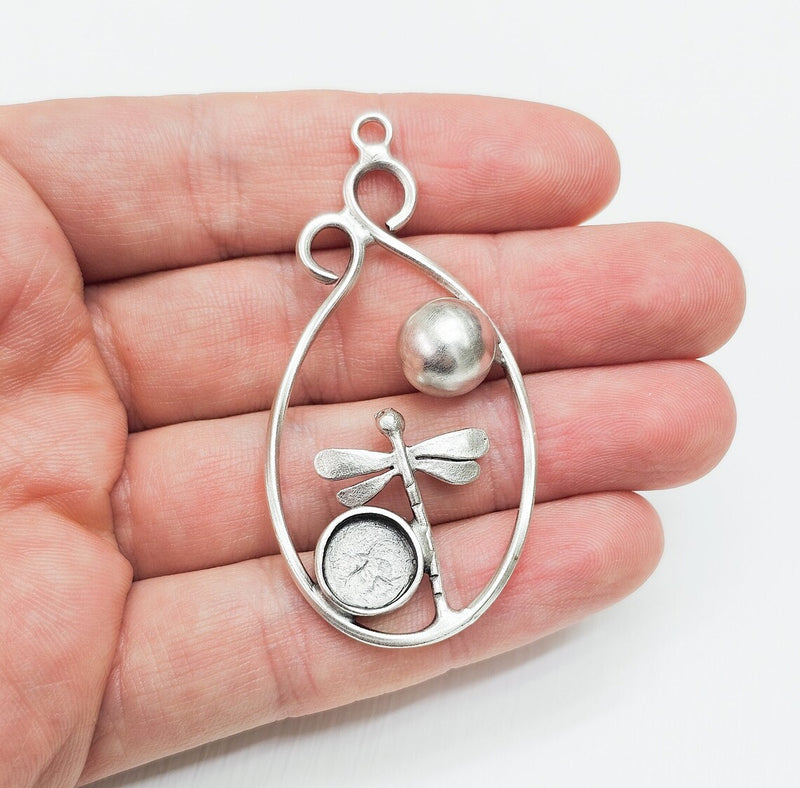 Dragonfly Ball Round Pendant Base Setting Bezel Blank Antique Silver Plated Brass Pendant (61mm) (12mm blank) G34635