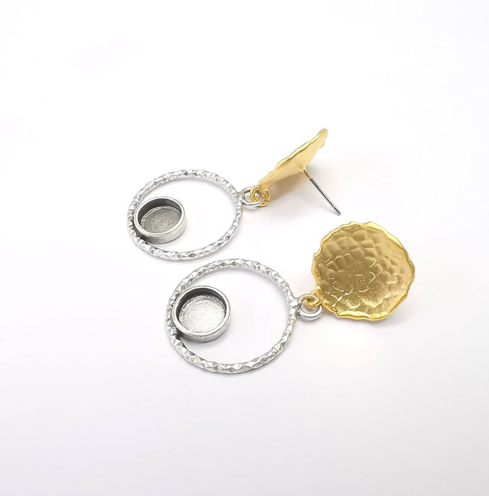 Gold and Silver Round Earring Blank Base Antique Silver Plated Brass Earring Bezel (6mm cabochon bezel) (45x22mm) G34706