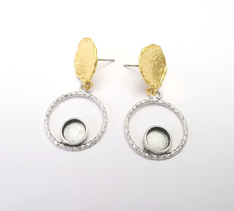 Gold and Silver Round Earring Blank Base Antique Silver Plated Brass Earring Bezel (6mm cabochon bezel) (45x22mm) G34706