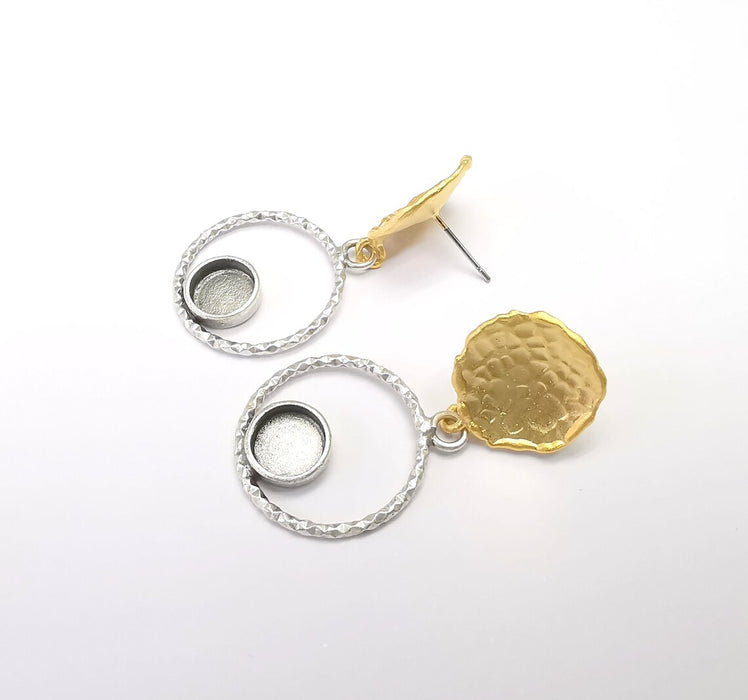 Gold and Silver Round Earring Blank Base Antique Silver Plated Brass Earring Bezel (6mm cabochon bezel) (45x22mm) G34706