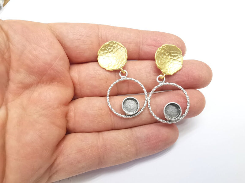 Gold and Silver Round Earring Blank Base Antique Silver Plated Brass Earring Bezel (6mm cabochon bezel) (45x22mm) G34706