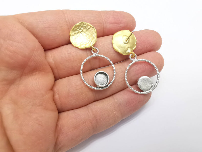 Gold and Silver Round Earring Blank Base Antique Silver Plated Brass Earring Bezel (6mm cabochon bezel) (45x22mm) G34706