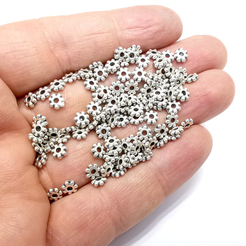 20 Flower Beads, Round Beads, Disc Rondelle, Middle Hole Beads, Flat Beads, Antique Silver Plated Metal Beads (5mm) G34873