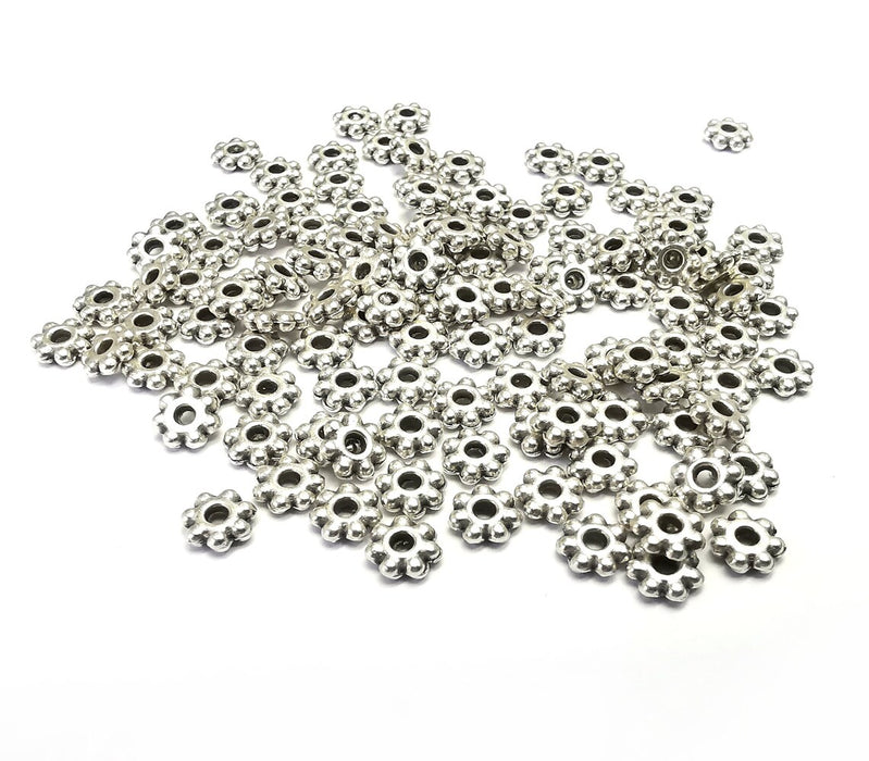 20 Flower Beads, Round Beads, Disc Rondelle, Middle Hole Beads, Flat Beads, Antique Silver Plated Metal Beads (5mm) G34873