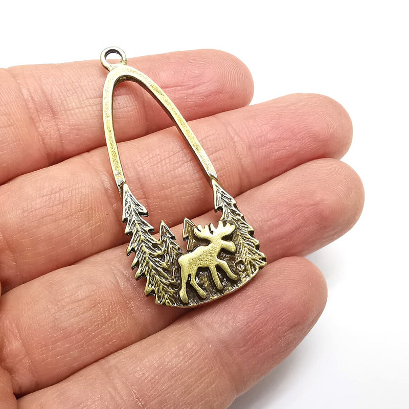 Moose Forest Charms, Wild Nature, Winter Theme, Pine Trees Antique Bronze Plated Charms (54x24mm) G34877