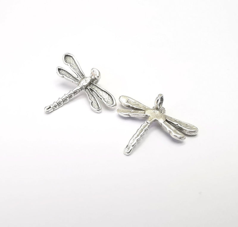 Dragonfly Charms, Silver Earring Parts, Necklace Materials, Chain Bracelet Parts, Anklet Charms, Antique Silver Plated Brass 23x20mm G34904