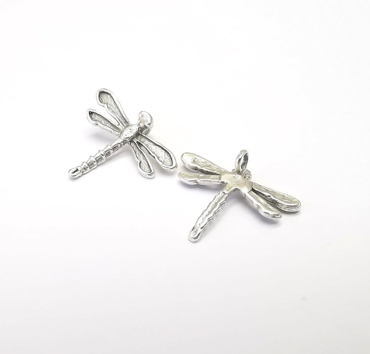 Dragonfly Charms, Silver Earring Parts, Necklace Materials, Chain Bracelet Parts, Anklet Charms, Antique Silver Plated Brass 23x20mm G34904