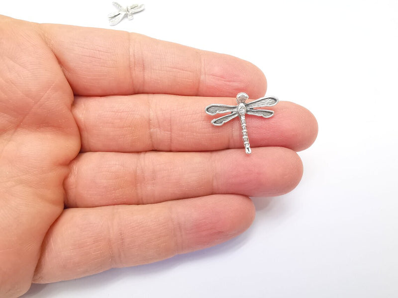 Dragonfly Charms, Silver Earring Parts, Necklace Materials, Chain Bracelet Parts, Anklet Charms, Antique Silver Plated Brass 23x20mm G34904