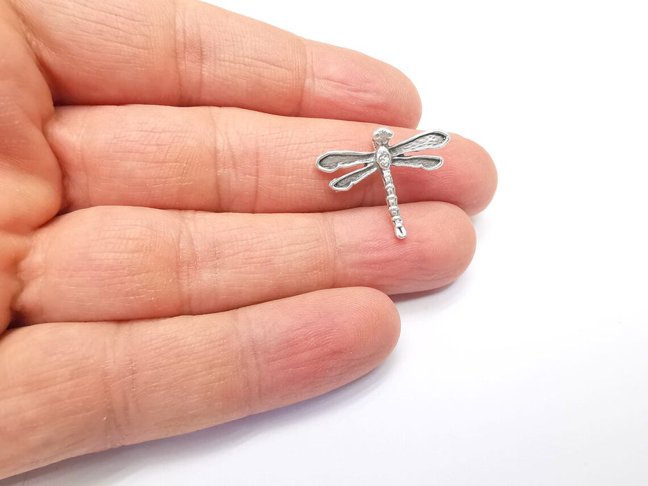 Dragonfly Charms, Silver Earring Parts, Necklace Materials, Chain Bracelet Parts, Anklet Charms, Antique Silver Plated Brass 23x20mm G34904