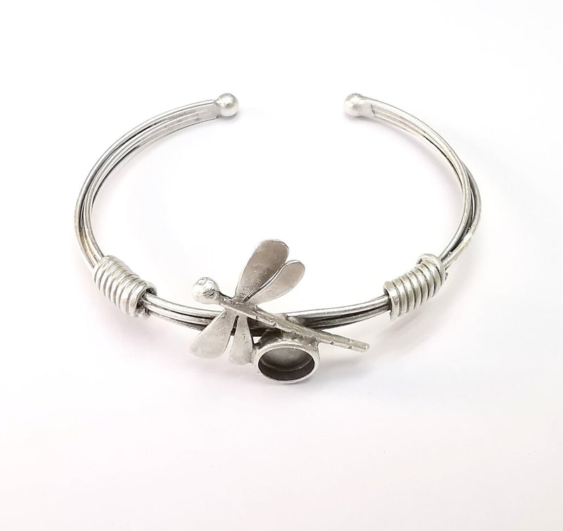 Dragonfly Bracelet, Wire Wrapped Cuff, Bangle Bezel, Resin Blank, Wristband Cabochon Base, Adjustable Antique Silver Brass (8mm) G34917
