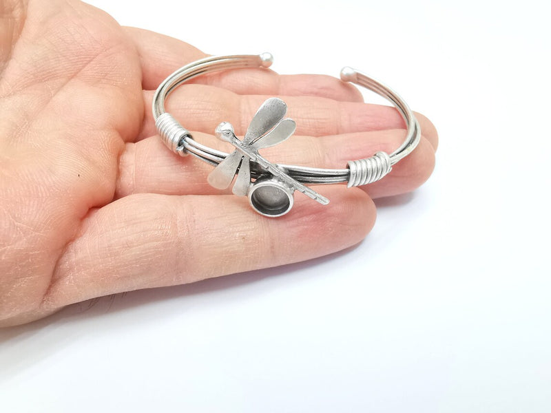 Dragonfly Bracelet, Wire Wrapped Cuff, Bangle Bezel, Resin Blank, Wristband Cabochon Base, Adjustable Antique Silver Brass (8mm) G34917