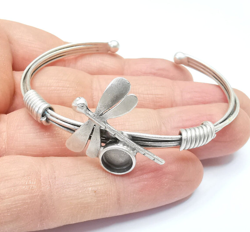 Dragonfly Bracelet, Wire Wrapped Cuff, Bangle Bezel, Resin Blank, Wristband Cabochon Base, Adjustable Antique Silver Brass (8mm) G34917