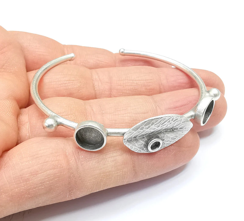 Leaf Bracelet Blank, Wire Wrapped Cuff, Bangle Bezel, Resin Blank, Wristband Cabochon Base, Adjustable Antique Silver Brass (8mm) G34925