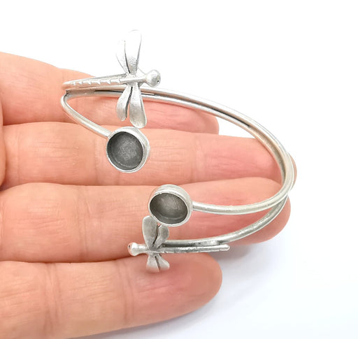 Wire Dragonfly Bracelet Bezel, Wrap Cuff Resin Blank, Wristband Base, Cabochon Mounting, Adjustable Antique Silver Plated Brass 8mm G34941