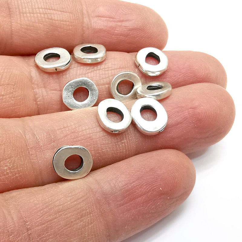 10 Round Beads, Hoop Connector, Discs Findings, Antique Silver Plated (9mm) G35008