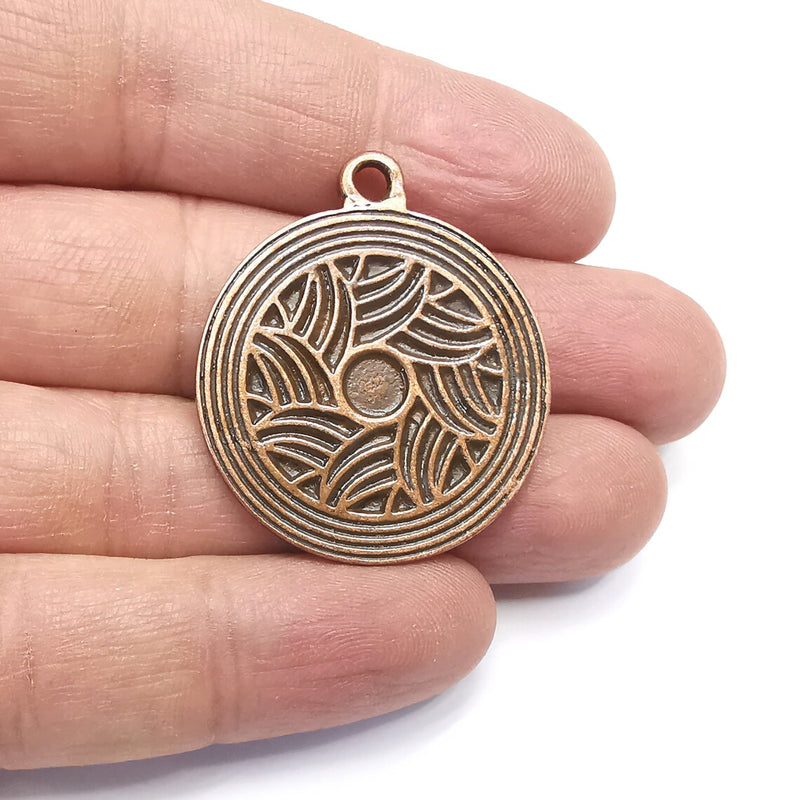 Leaf Round Charms, Disc Charms, Flat Jewelry Parts, Medallion, Antique Copper Plated (38x33mm) G34874