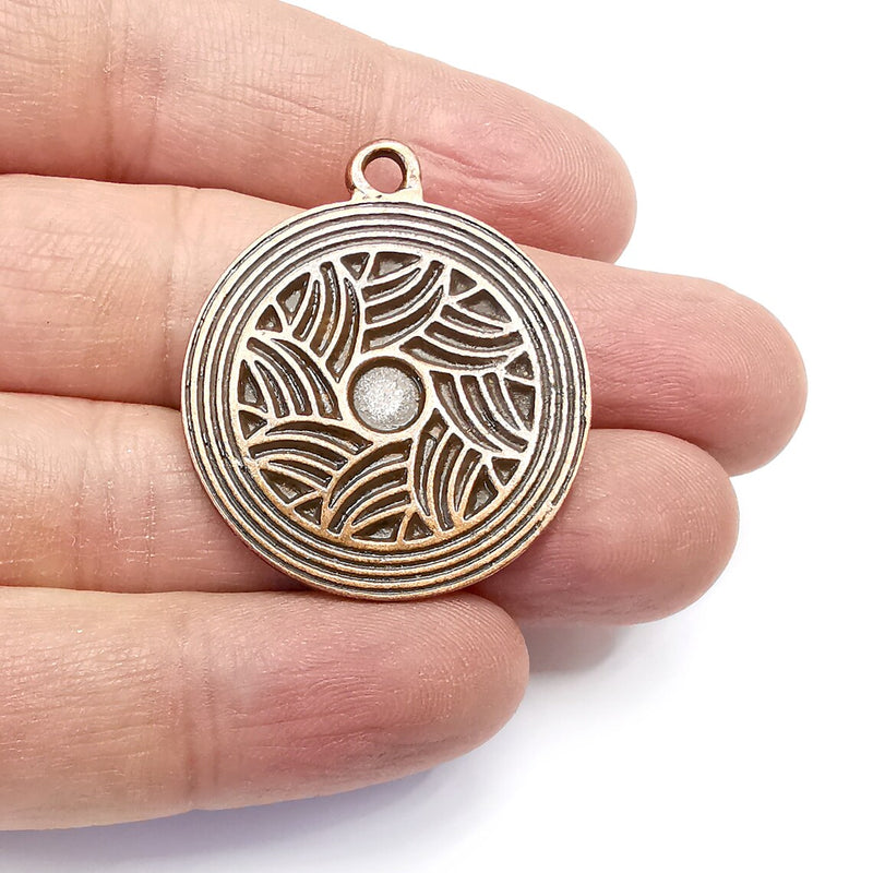 Leaf Round Charms, Disc Charms, Flat Jewelry Parts, Medallion, Antique Copper Plated (38x33mm) G34874
