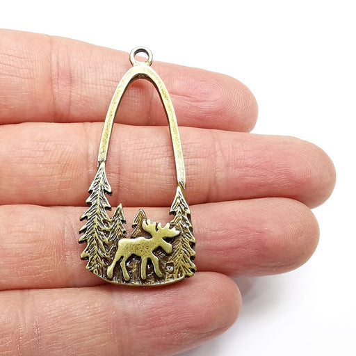 Moose Forest Charms, Wild Nature, Winter Theme, Pine Trees Antique Bronze Plated Charms (54x24mm) G34877
