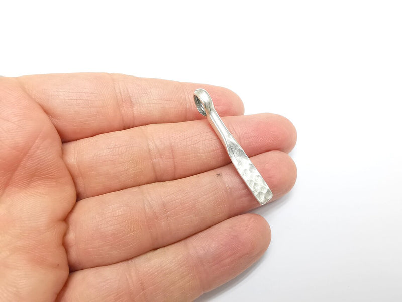 2 Hammered Charms, Boho Charms, Stalactite Charms, Dangle Earring Charms, Silver Pendant, Necklace Parts, Antique Silver Plated 43x6mm G35078