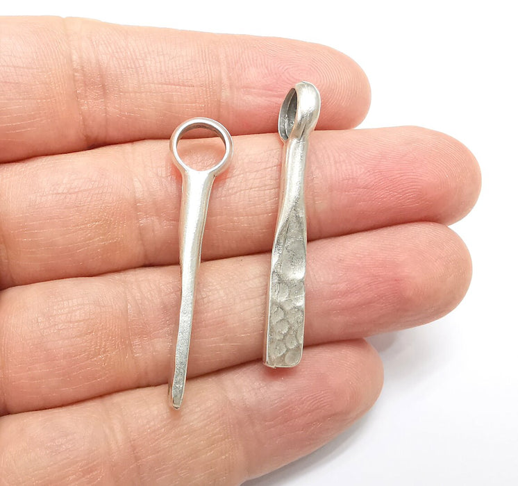 2 Hammered Charms, Boho Charms, Stalactite Charms, Dangle Earring Charms, Silver Pendant, Necklace Parts, Antique Silver Plated 43x6mm G35078