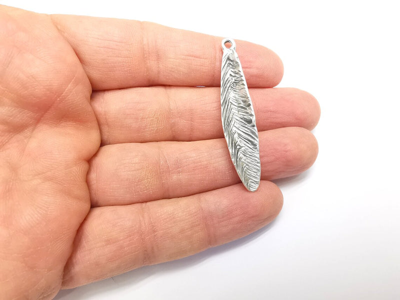 Feather Charms, Boho Charms, Leaf Charms, Dangle Earring Charms, Silver Pendant, Necklace Parts, Antique Silver Plated 51x10mm G35109