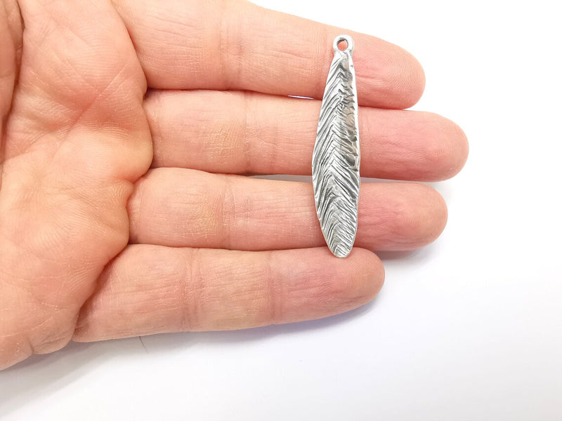 Feather Charms, Boho Charms, Leaf Charms, Dangle Earring Charms, Silver Pendant, Necklace Parts, Antique Silver Plated 51x10mm G35109