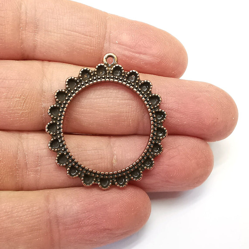 Flower Frame Charms, Round Charms, Ethnic Earring Charms, Copper Rustic Pendant, Necklace Parts, Antique Copper Plated 37x33mm G35111