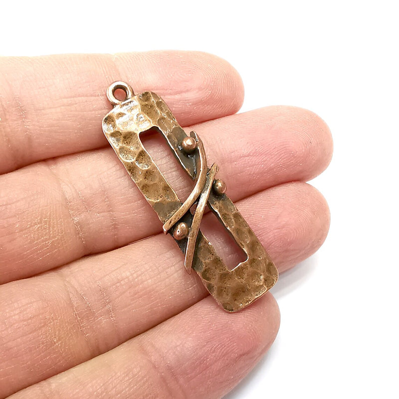 Hammered Charms, Rectangle Charms, Ethnic Earring Charms, Copper Rustic Pendant, Necklace Parts, Antique Copper Plated 47x15mm G35112