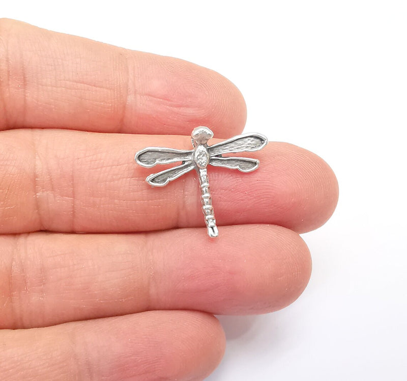 Dragonfly Charms, Silver Earring Parts, Necklace Materials, Chain Bracelet Parts, Anklet Charms, Antique Silver Plated Brass 23x20mm G34904