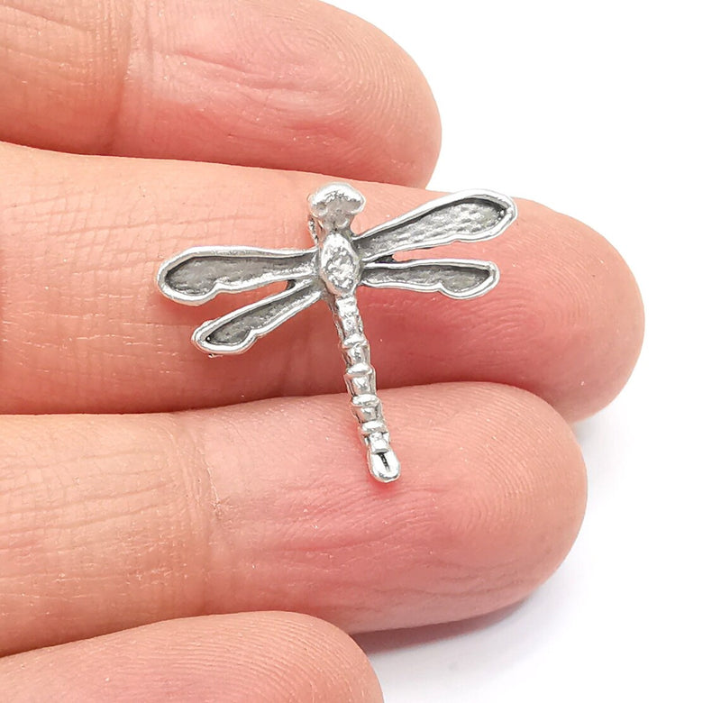 Dragonfly Charms, Silver Earring Parts, Necklace Materials, Chain Bracelet Parts, Anklet Charms, Antique Silver Plated Brass 23x20mm G34904