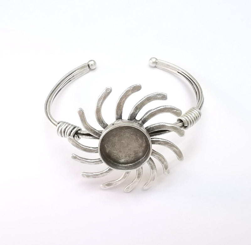 Sun Bracelet, Wire Wrapped Bracelet, Bangle Bezel, Cuff Resin Blank, Wristband Cabochon Base, Adjustable Antique Silver Brass (16mm) G34915