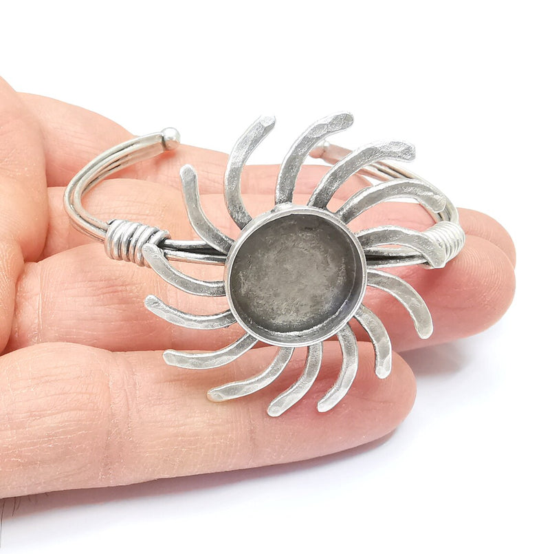 Sun Bracelet, Wire Wrapped Bracelet, Bangle Bezel, Cuff Resin Blank, Wristband Cabochon Base, Adjustable Antique Silver Brass (16mm) G34915