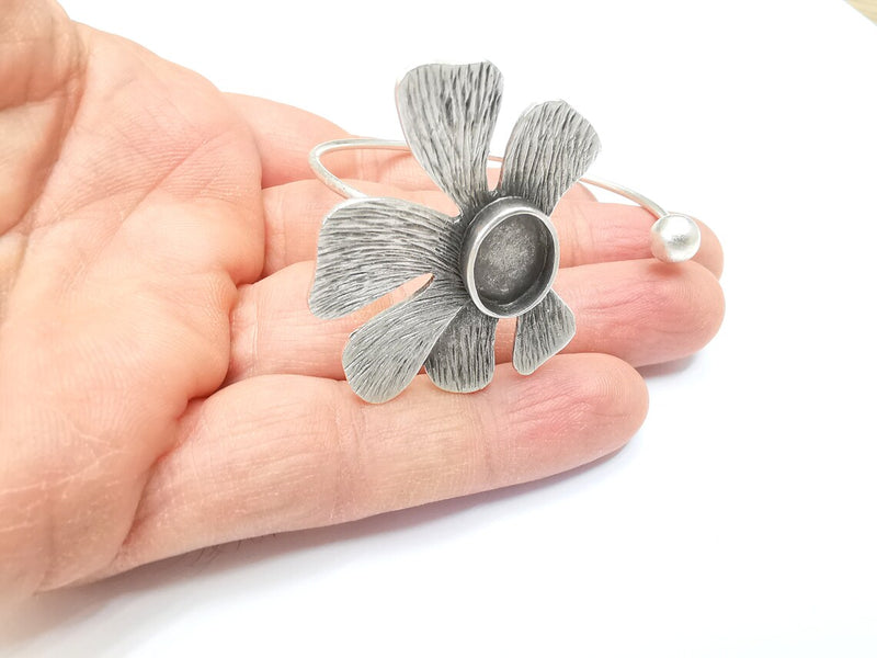 Leaf Bracelet Blank, Wire Wrapped Cuff, Bangle Bezel, Resin Blank, Wristband Cabochon Base, Adjustable Antique Silver Brass (14x10mm) G34916